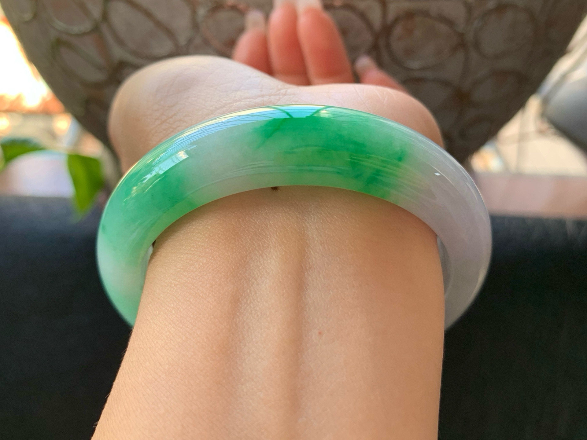 【小陈翡翠】缅甸天然翡翠A货飘绿花58-59正圈翡翠手镯