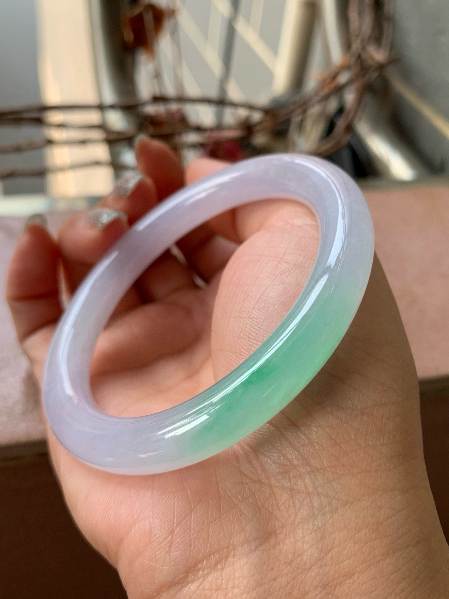【小陈翡翠】缅甸天然翡翠a货冰粉紫飘绿花冰春彩54-55圆条美人条