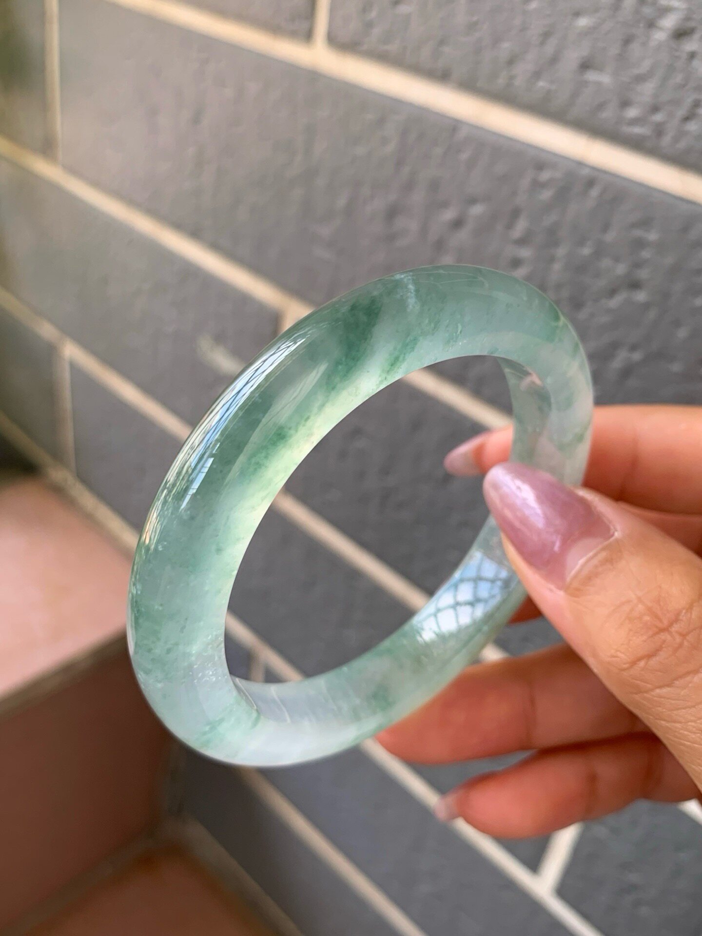 【小陈翡翠】缅甸天然翡翠A货冰种飘芙蓉绿花51-52小圈口正圈手镯