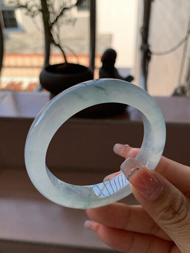 【小陈翡翠】缅甸天然翡翠A货冰飘浅兰花色52-53正圈翡翠手镯