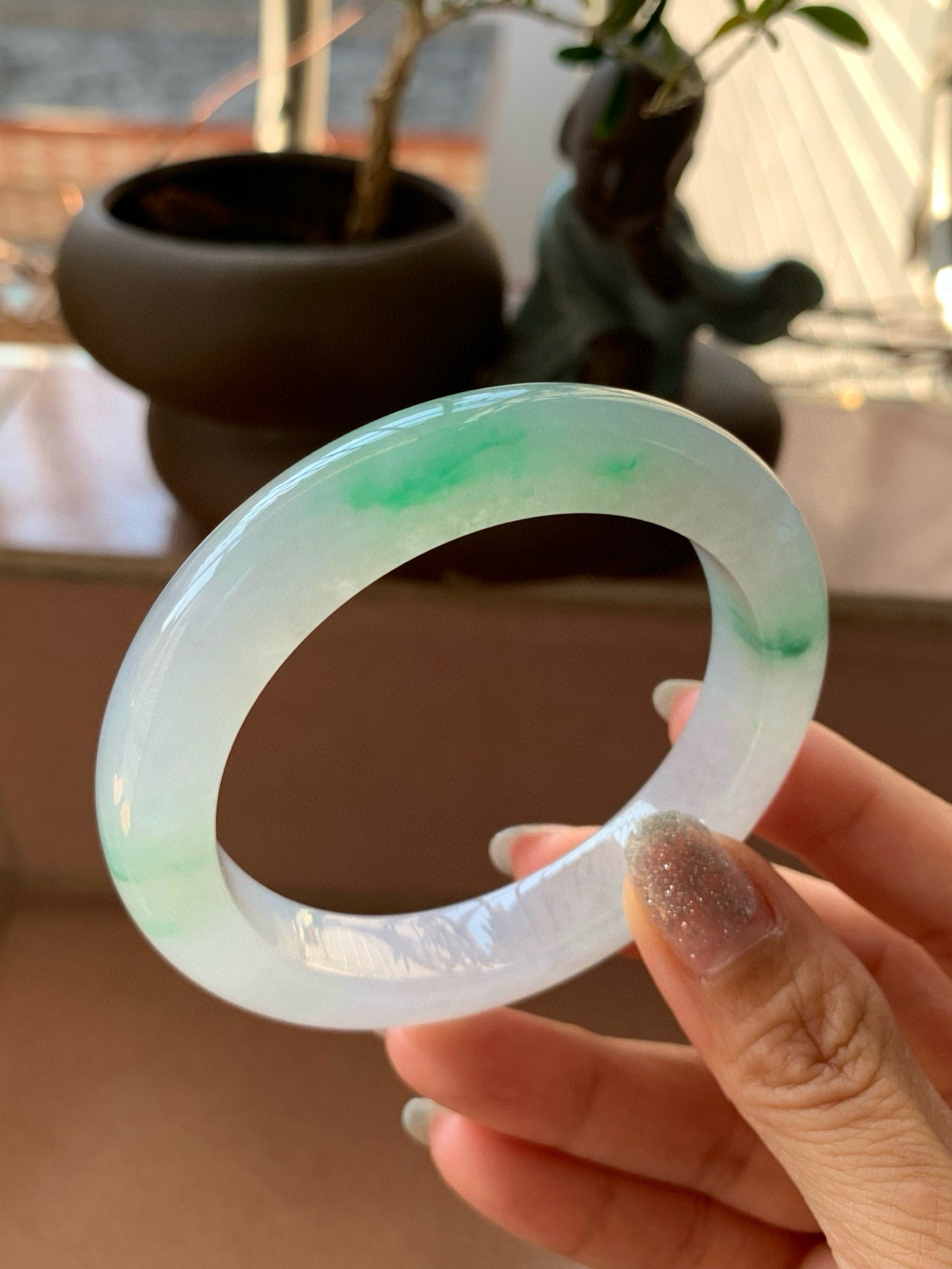 【小陈翡翠】缅甸天然翡翠a货冰飘阳绿花56正圈翡翠手镯