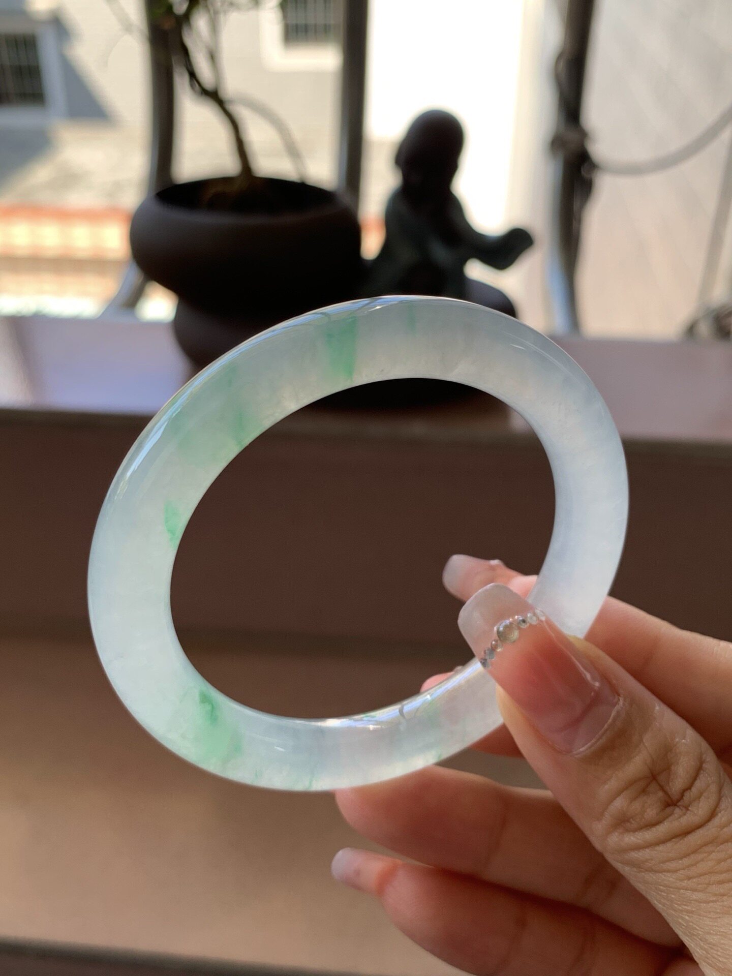 【小陈翡翠】缅甸天然翡翠A货冰飘绿花51小圈口圆条翡翠手镯