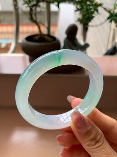 【小陈翡翠】缅甸天然翡翠A货冰飘绿花52正圈翡翠手镯