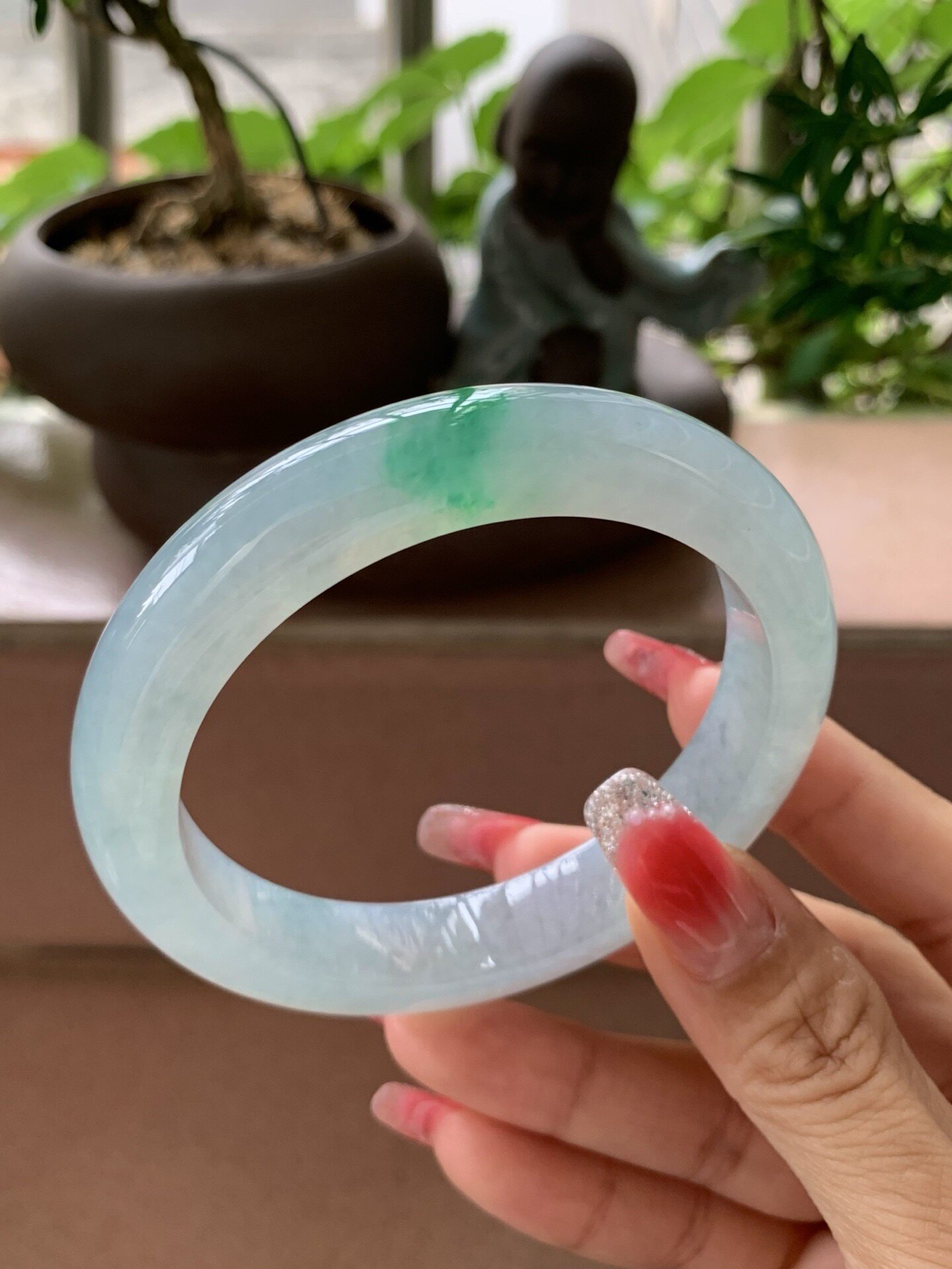 【小陈翡翠】缅甸天然翡翠A货冰飘绿花59-60大圈口正圈翡翠手镯