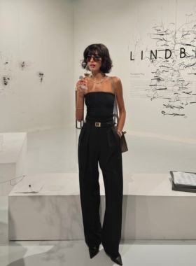 25新ins博主同款 高腰双褶直筒休闲阔腿西裤 极简主义抹胸上衣