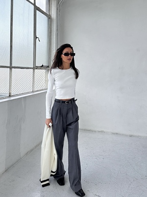 多层打褶休闲西裤高腰直筒西裤