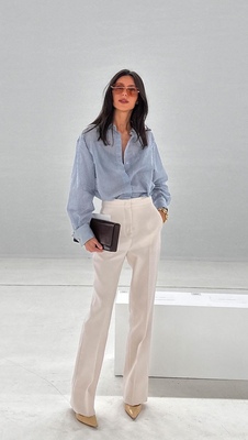 法式条纹衬衫窄版直筒西裤