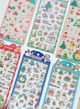 NEKONI圣诞节贴纸雪夜拐杖糖熊兔猫猫可爱动物防水PVC手帐本贴画