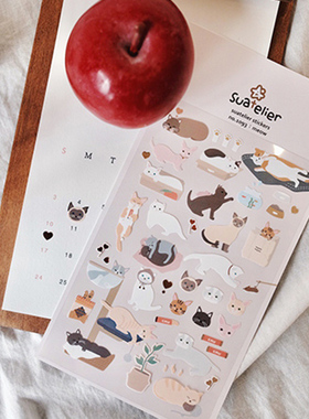 韩国SONIA动物平面贴纸日记手帐素材纸质PVC贴画泡棉猫咪狗狗恐龙