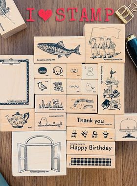 日本KODOMO童颜木制印章木头图章手账印画夹板晾衣夹I LOVE STAMP