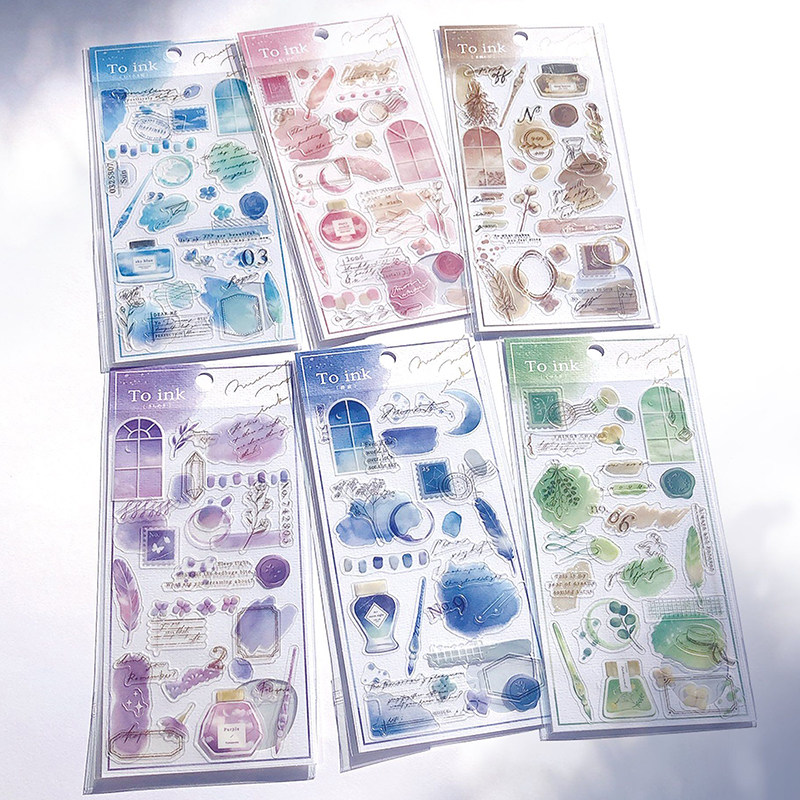 日系复古文具造景PVC贴纸ins杂志风墨水瓶胭脂手帐素材贴画To