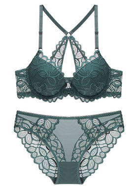 春夏前扣文胸套装蕾丝美背聚拢内衣女性感法式少女小胸红黑绿色