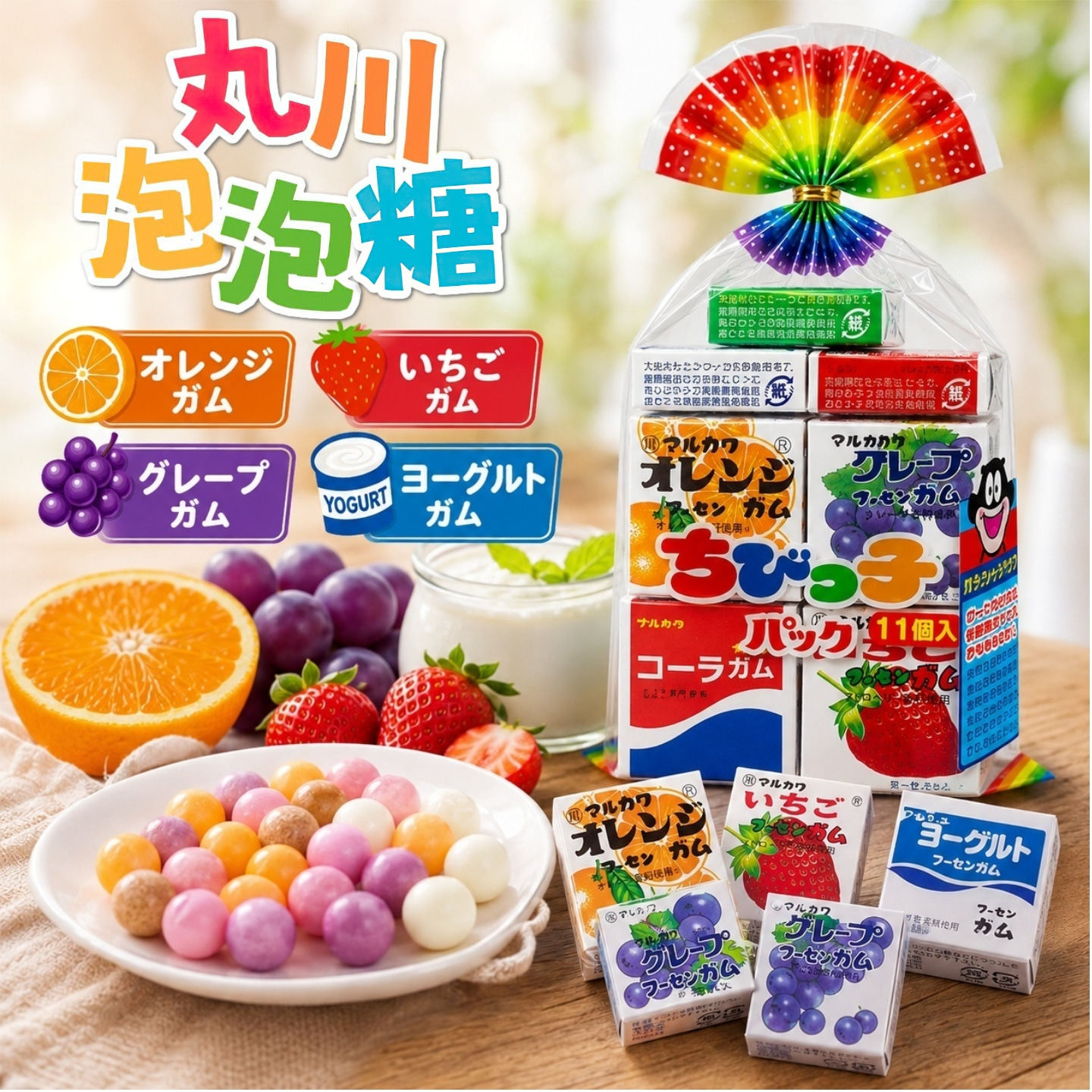 日本丸川儿童泡泡糖11盒什锦水果口味口香糖儿时回忆怀旧网红零食
