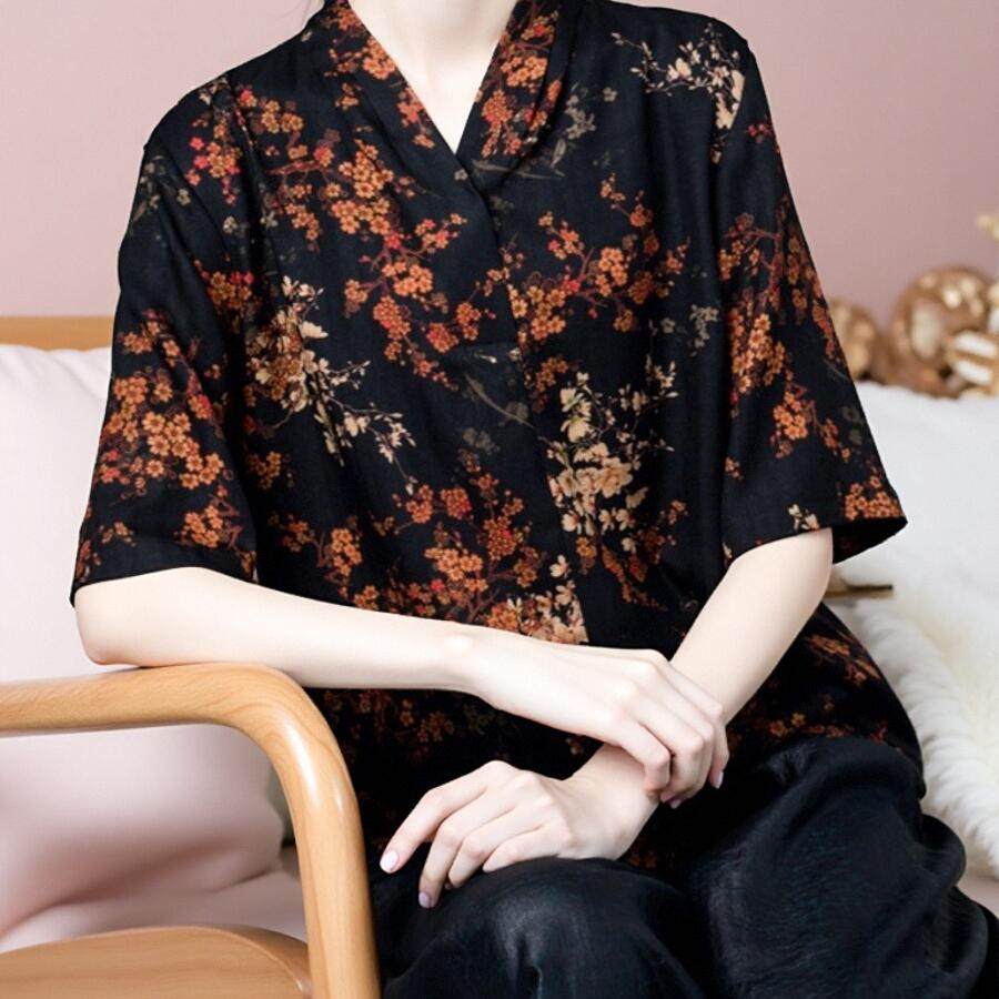 断码特价 40姆米重磅真丝绢纺老料香云纱上衣女V领桑蚕丝短袖衬衣