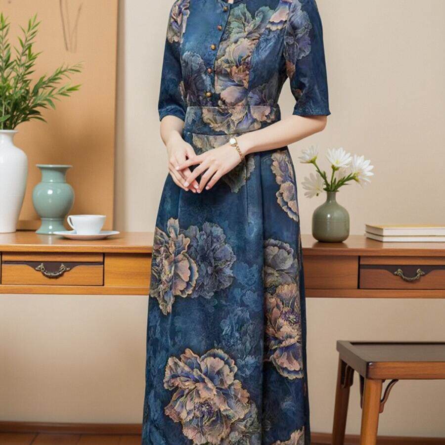 断码清仓特价 香云纱真丝连衣裙女夏季新款桑蚕丝修身改良旗袍裙