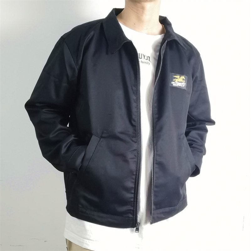 美式复古大背印花单层春款宽松短装翻领拉链教练薄棉夹克外套Y483