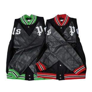 棒球夹克Y411 字母印花按扣短款 美式 高街潮人奢侈重工羊毛拼牛皮袖