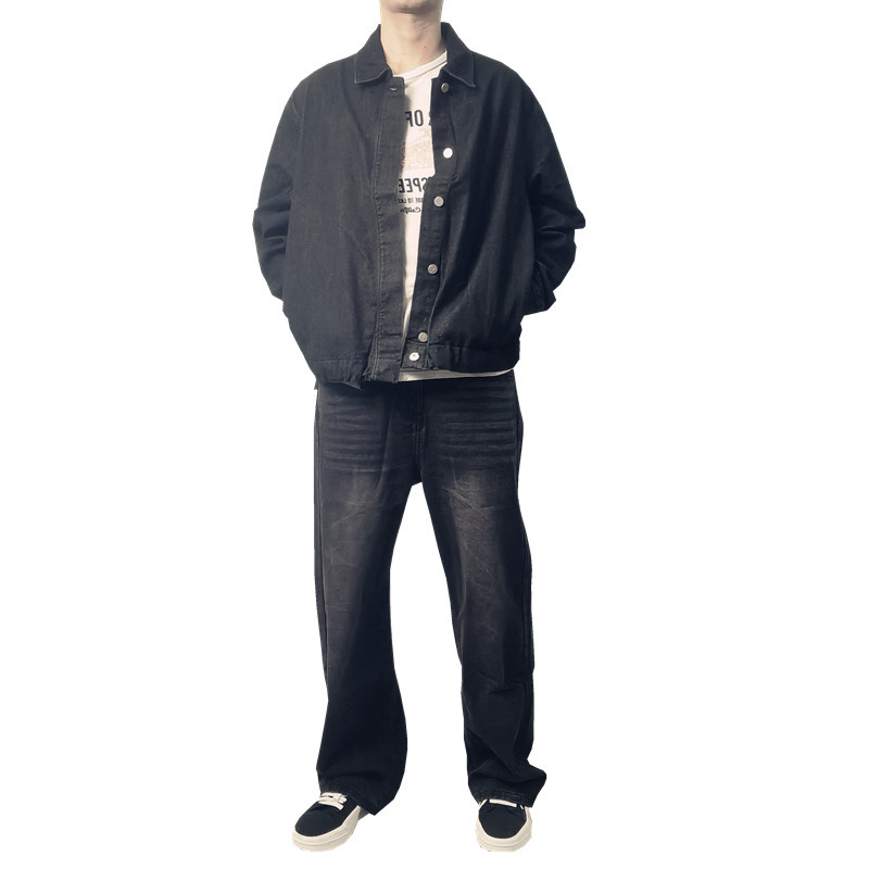 无品牌洗水深色阔腿直筒牛仔长裤