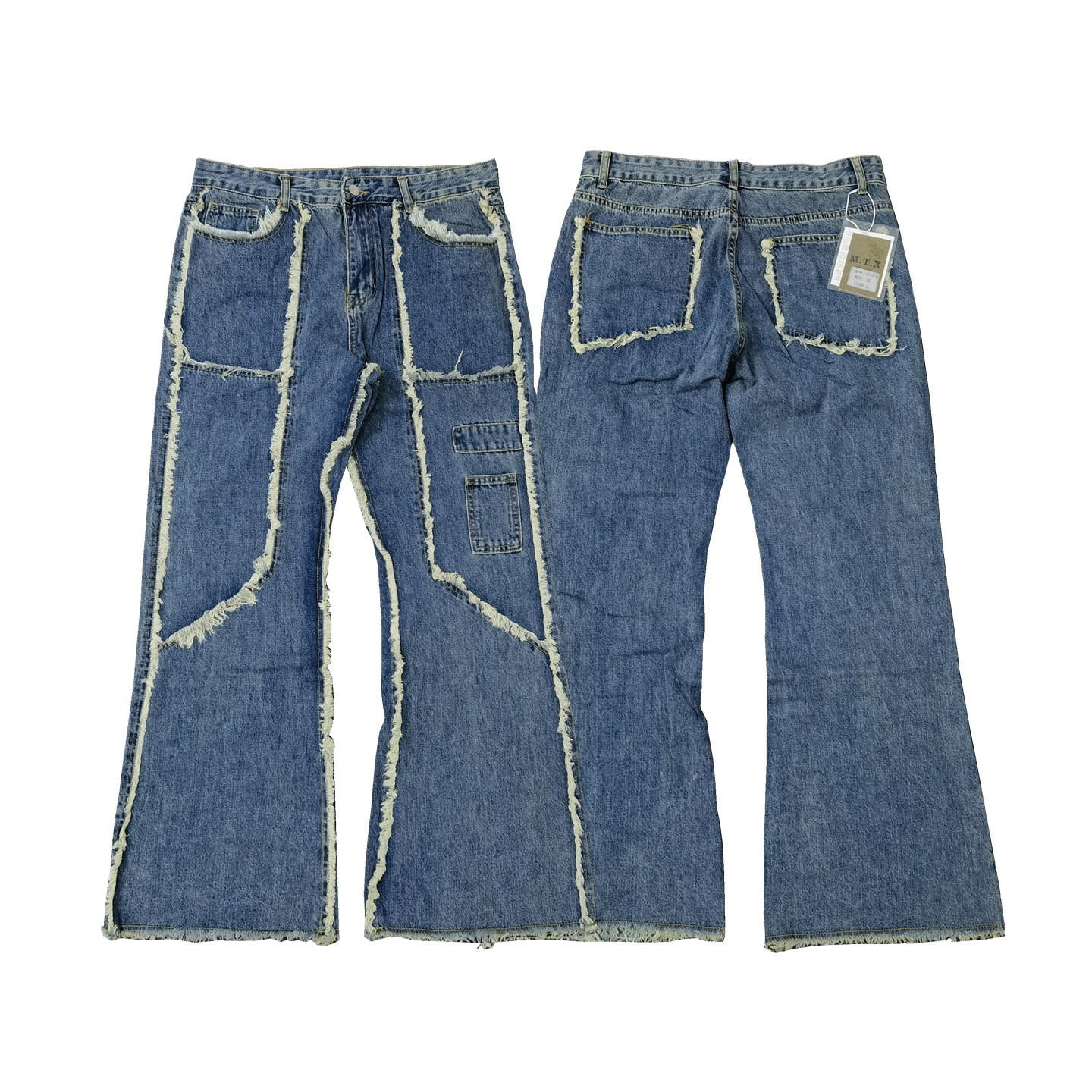 无品牌复古做旧毛边喇叭牛仔裤