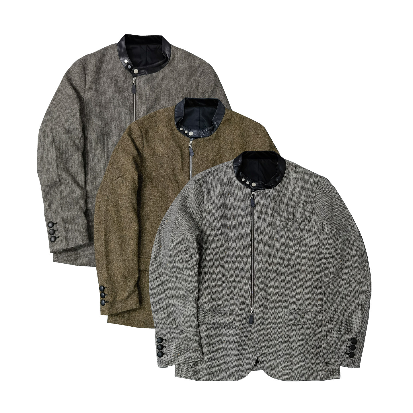 人字纹纯羊毛呢立领拉链夹克外套