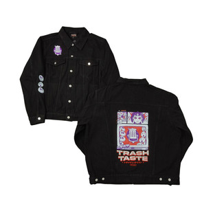 街头感厚实纯黑牛仔重工破坏刺绣漫画人物印花翻领夹克外套Y941男