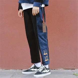 包邮 库存清仓潮牌裤 K166 条绒九分休闲裤 脚39刺绣拼色街头年轻时尚