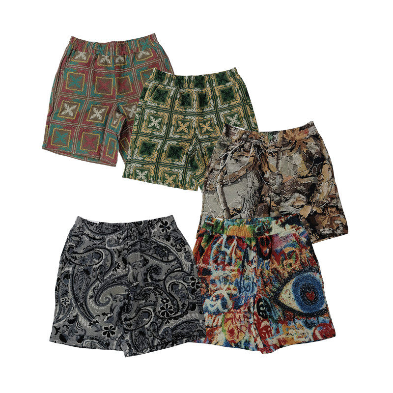 宽松阔腿剪裁美式亚文化复古哥特图腾织花松紧腰四分休闲短裤K885