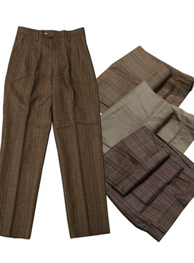 复古双褶皱漂亮暗格纹羊毛混纺厚实质感微锥剪裁直筒休闲长裤K855