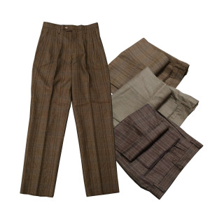 复古双褶皱漂亮暗格纹羊毛混纺厚实质感微锥剪裁直筒休闲长裤 K855
