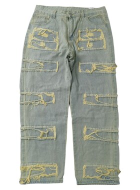 断码处理怀旧发黄洗水重工拉丝破坏宽松直筒牛仔长裤K894包邮男