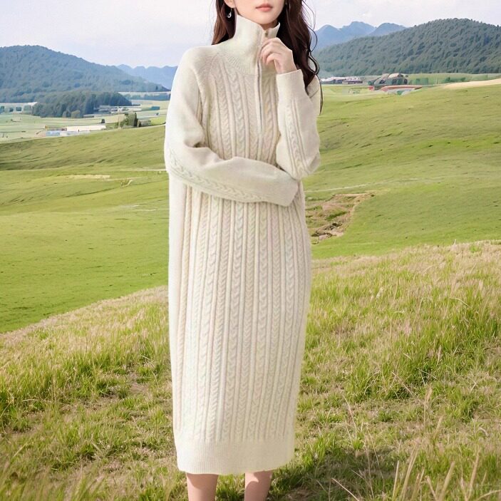 高领针织连衣裙女长款毛衣裙过膝