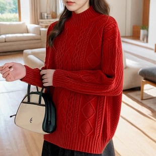 半高领羊绒羊毛针织打底毛衣女短款秋冬加绒加厚宽松慵懒粗线红色