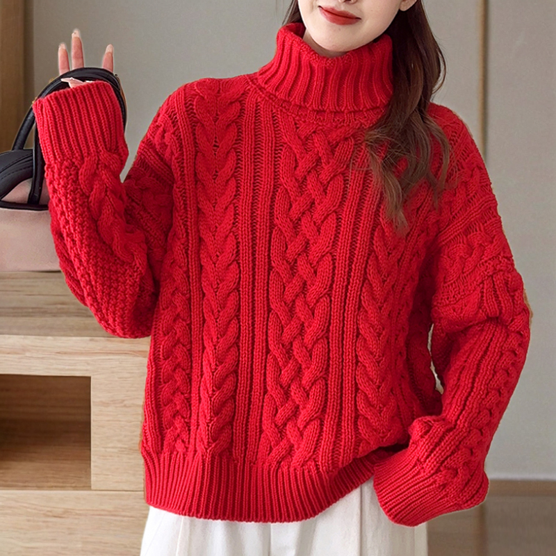 棉线粗线高领麻花毛衣女套头短款宽松慵懒秋冬针织衫加厚内搭打底
