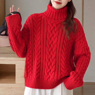 棉线粗线高领麻花毛衣女套头短款宽松慵懒秋冬针织衫加厚内搭打底