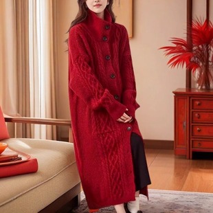 粗线翻领羊毛衫大衣针织外套女毛衣开衫高个子长款秋冬宽松慵懒风