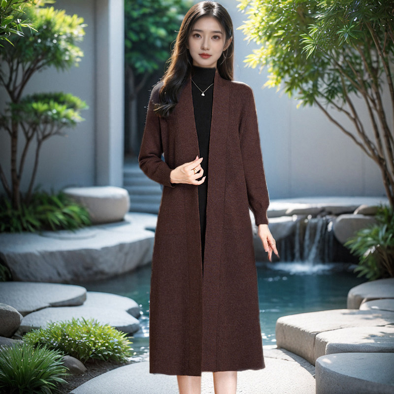 V领羊毛针织外套长款女披肩开衫