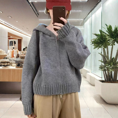 拉链连帽羊毛衫毛衣外套女短开衫