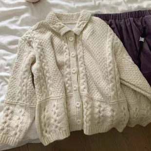 棉线粗线翻领麻花毛衣外套女开衫短款宽松慵懒风秋冬针织加厚外搭