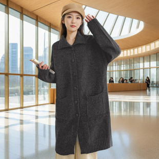 欧版大阪慵懒风宽松毛衣外套女针织开衫大衣长款大码加厚秋冬翻领