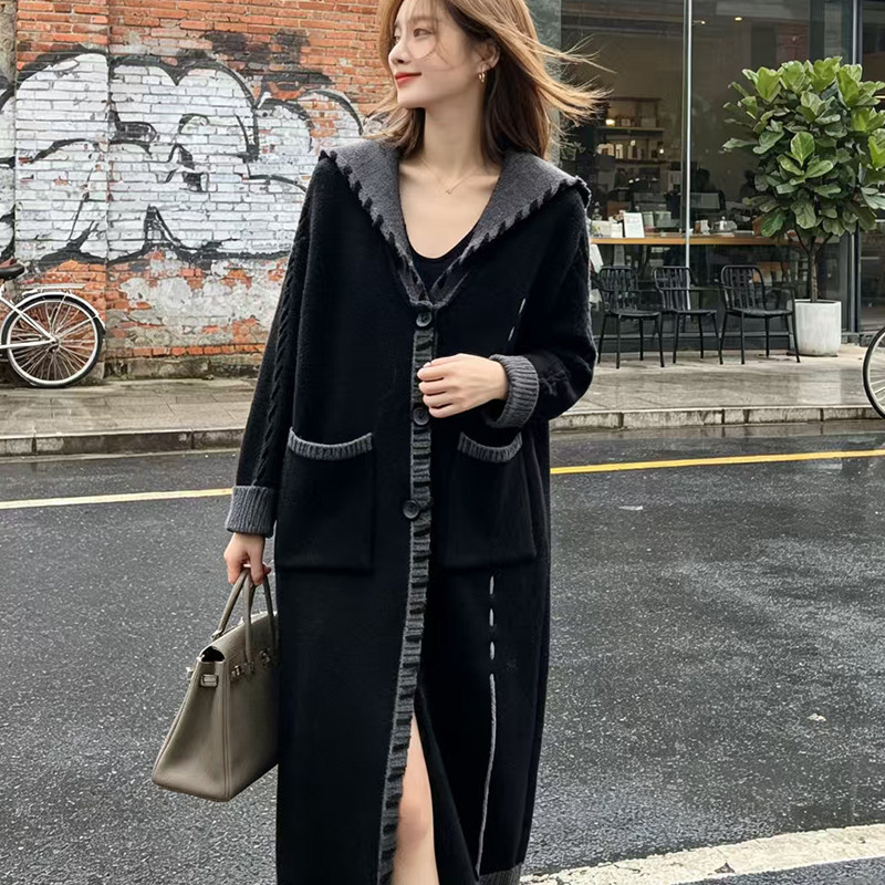 宽松慵懒风带帽毛衣大衣外套女