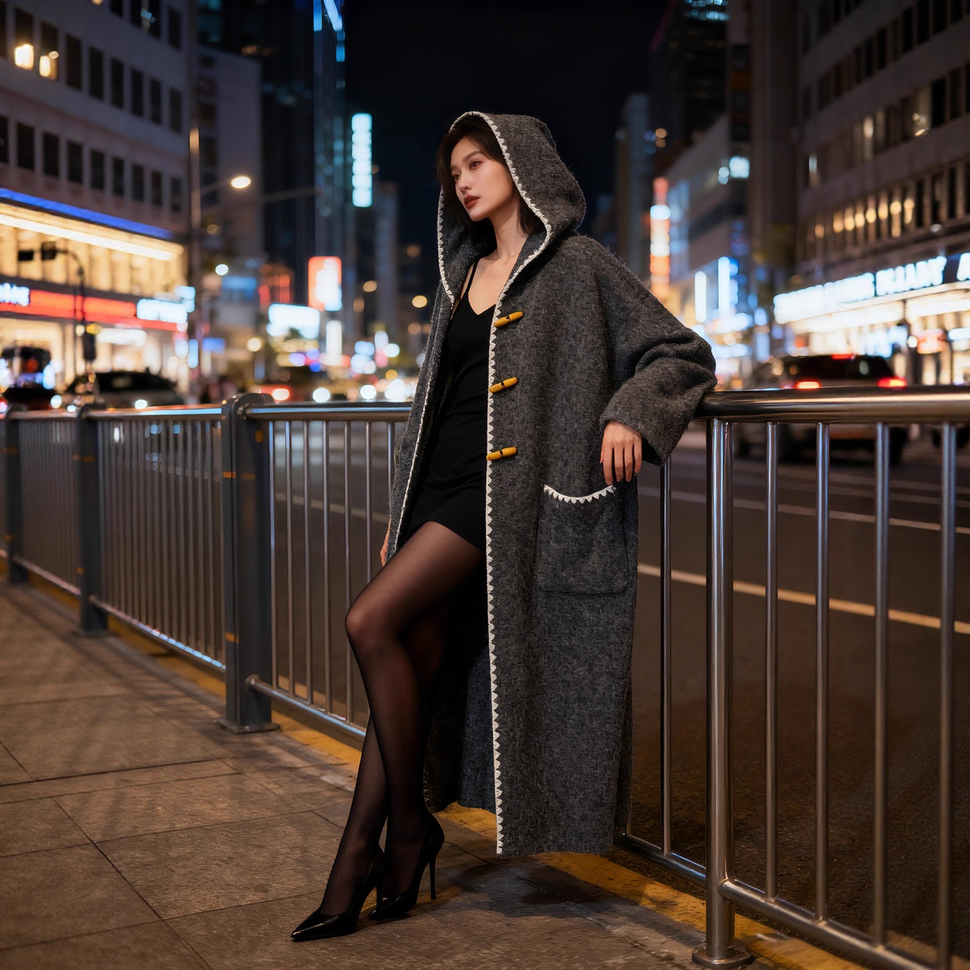 慵懒风连帽毛衣大衣外套女加长款