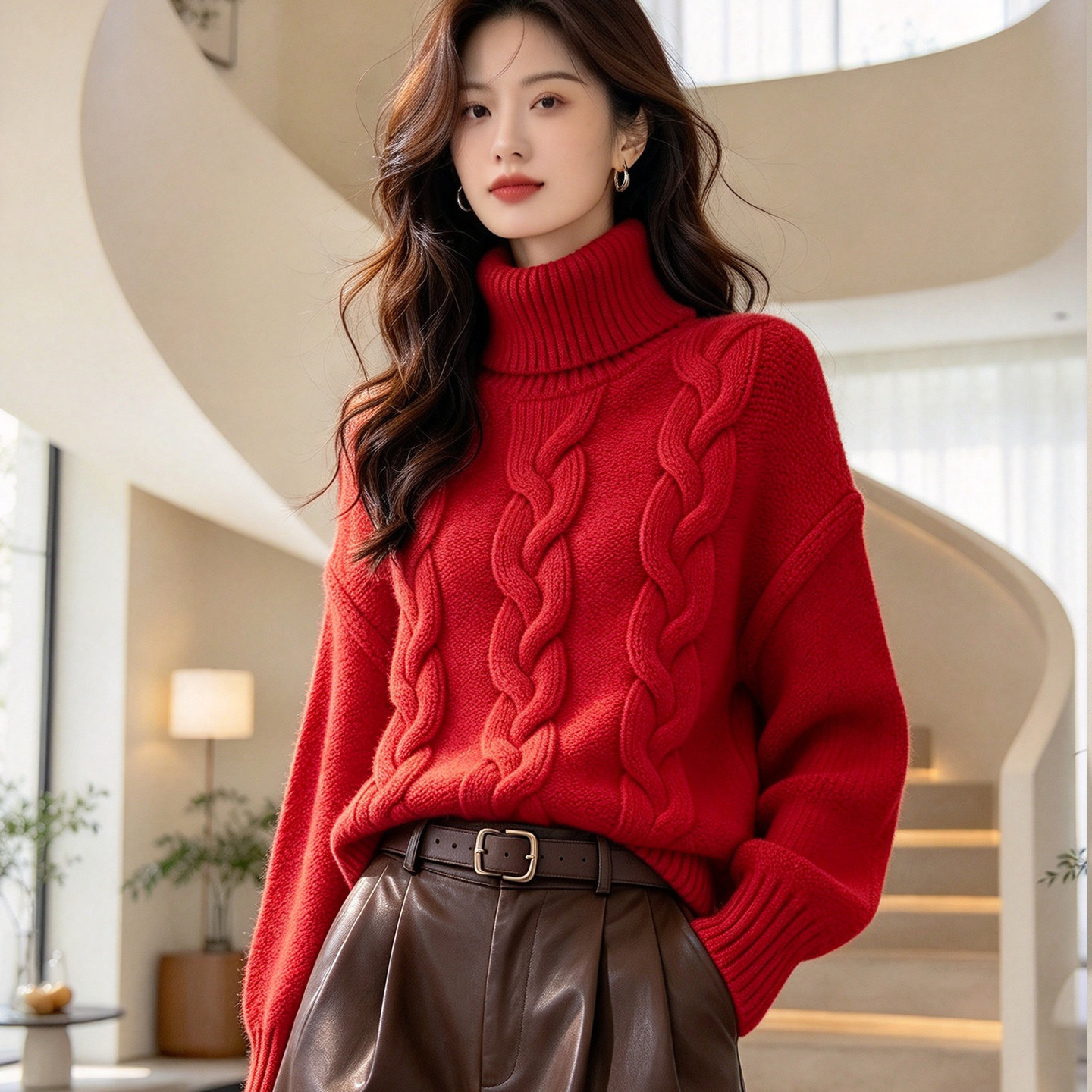 棉线粗线高领麻花毛衣女套头短款