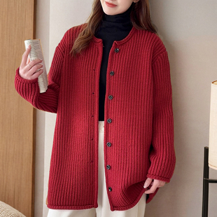 宽松慵懒风圆领毛衣外套女粗线针织衫加厚开衫秋冬欧版羊毛衫大码