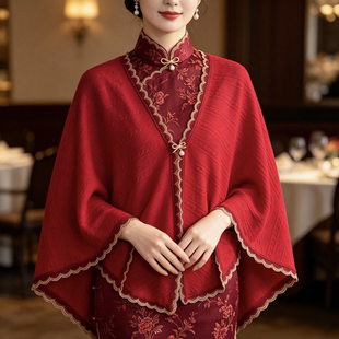 新中式新款红色披肩女秋冬季流苏斗篷式婚礼新娘结婚围巾外套披风