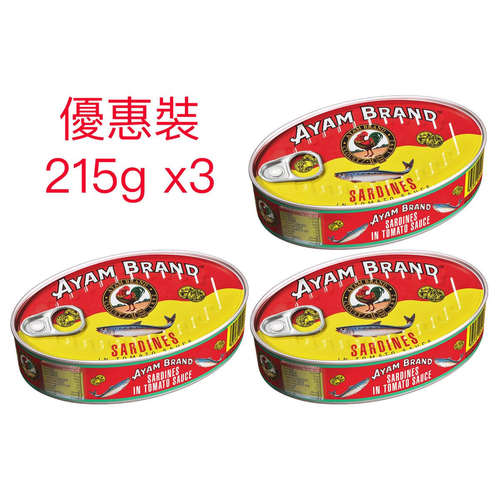 AYAM BRAND沙丁鱼番茄汁罐头优惠装215gx3罐营养含钙海味捞饭下饭