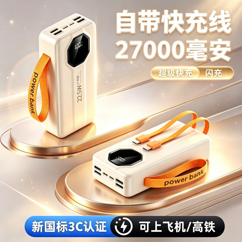 3C认证充电宝27000毫安自带线大容量超级快充PD移动电源可上飞机