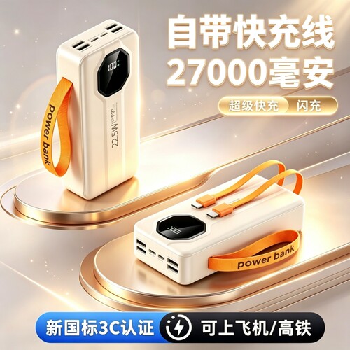 3C认证自带线PD快充充电宝大容量