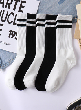 配鲨鱼裤长筒袜子女秋冬外穿潮袜两条杠黑色学生运动袜堆堆袜白色