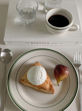 Tuxton绿线条圆盘复古甜品盘早餐盘蛋糕盘店用brunch餐盘牛排盘子