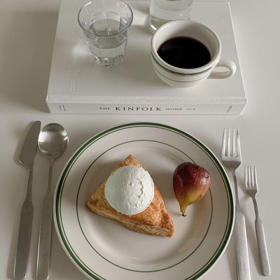 Tuxton绿线条圆盘复古甜品盘早餐盘蛋糕盘店用brunch餐盘牛排盘子